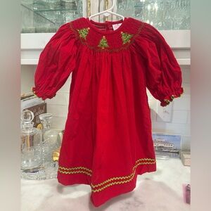 Red Corduroy Smocked Dress with Christmas Tree Embroidery and Green RicRac trim
